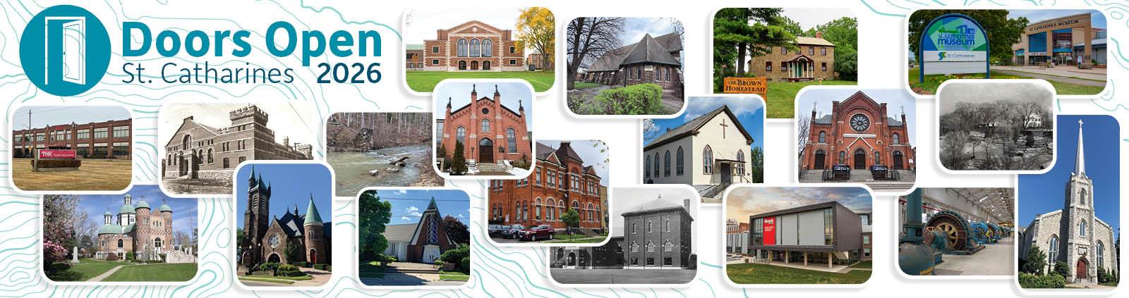 A mosaic of buildings that are featured on the Doors Open 2026 tour in St. Catharines, with an image of a door and text that says "Doors Open St. Catharines 2026"
