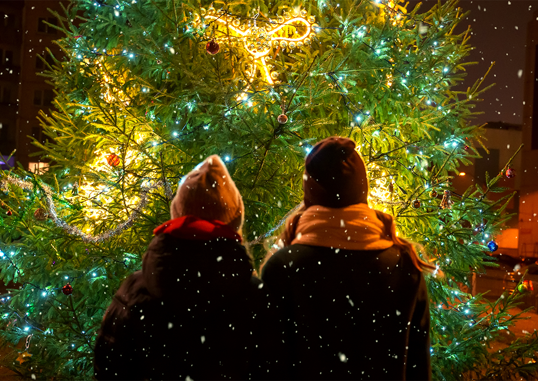 People looking at lights on a tree