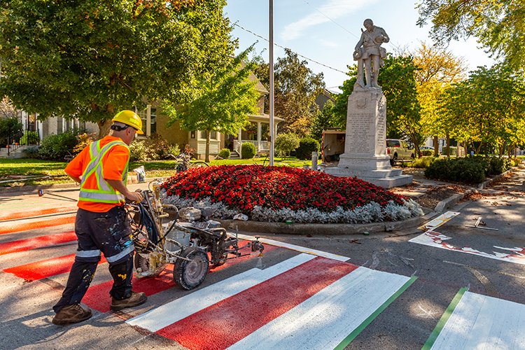 Veterans Crosswalks being painted