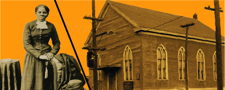Graphic including image of Harriet Tubman and Salem Chapel superimposed onto orange background.