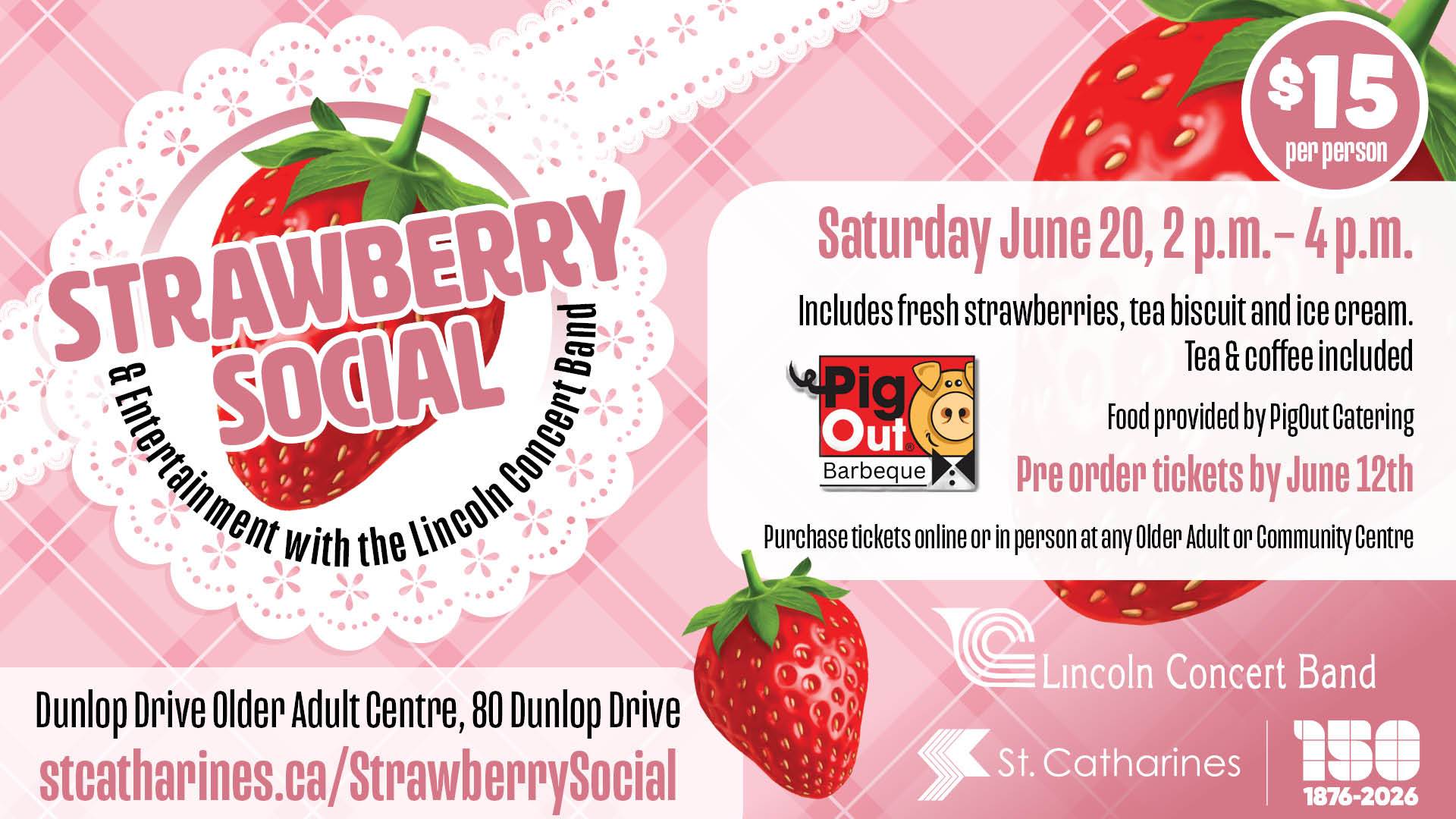 A Strawberry Social graphic with a pink gingham tablecloth with lace and strawberries.