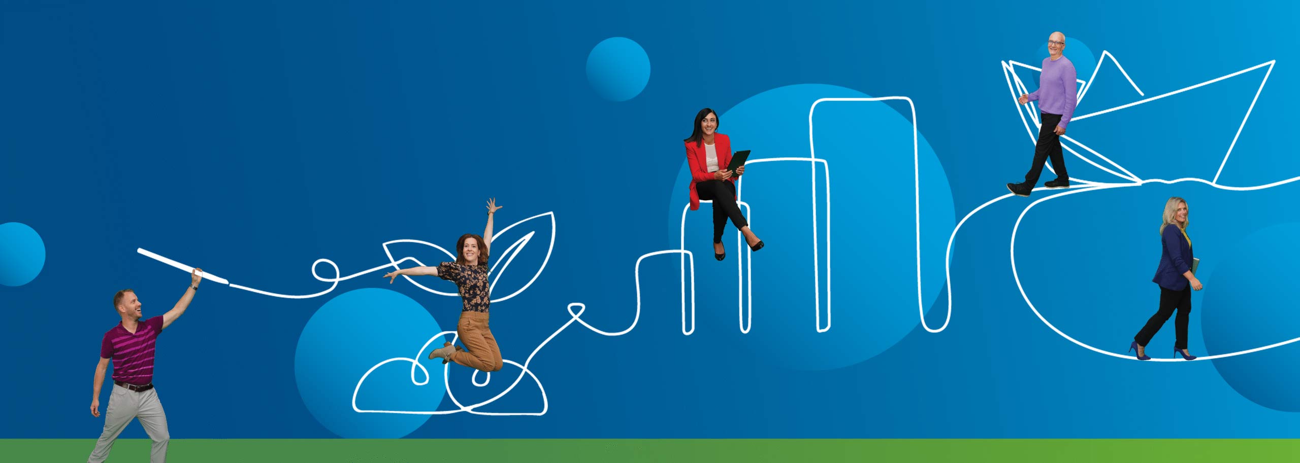 People looking at the camera in different poses, overtop of a blue background with line art connecting them all.