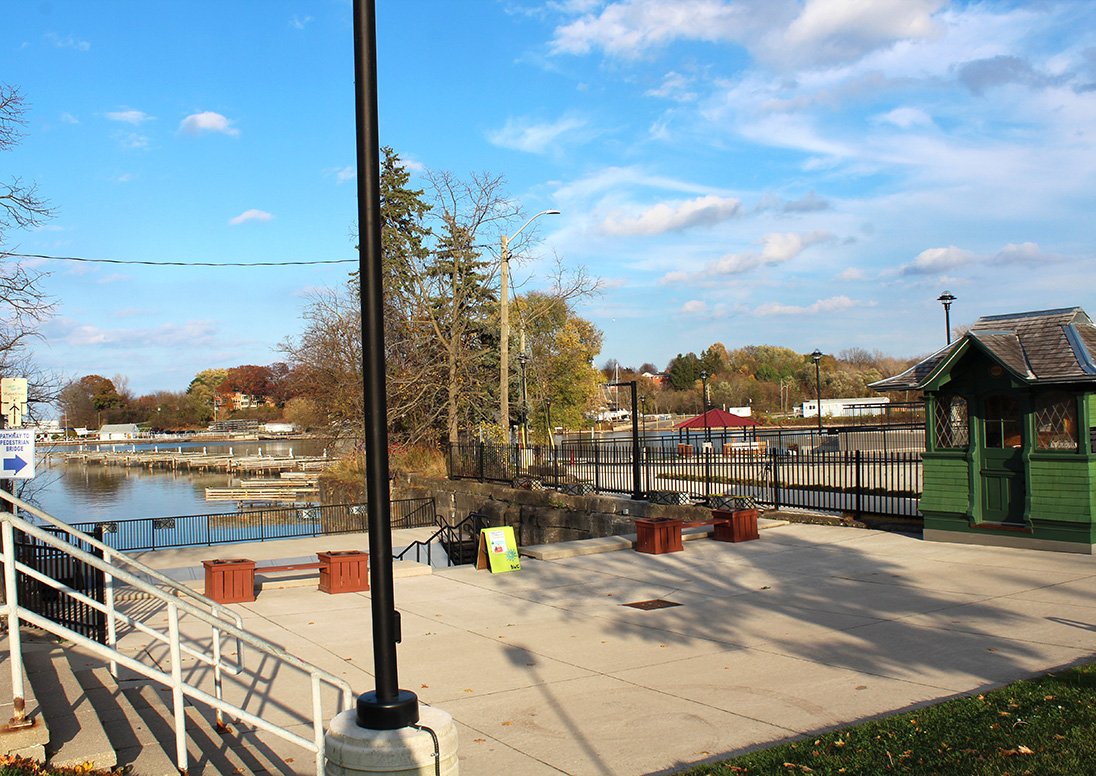 The stage and terraced seating built into the lock and the historic NS and T trolley shed at 45 Lakeport Rd. in Port Dalhousie.