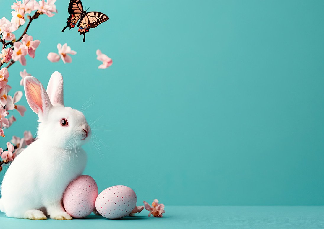A white rabbit with painted Easter eggs with a turquoise background
