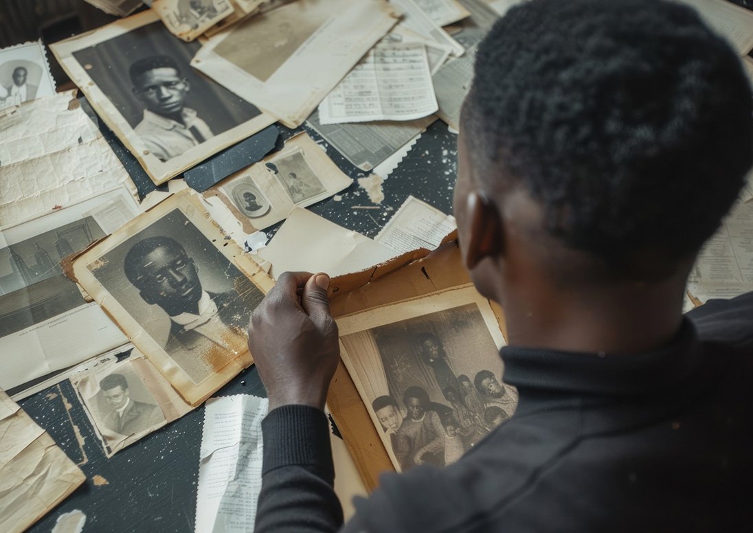 A man looks at old photographs and clippings laid out on a table.