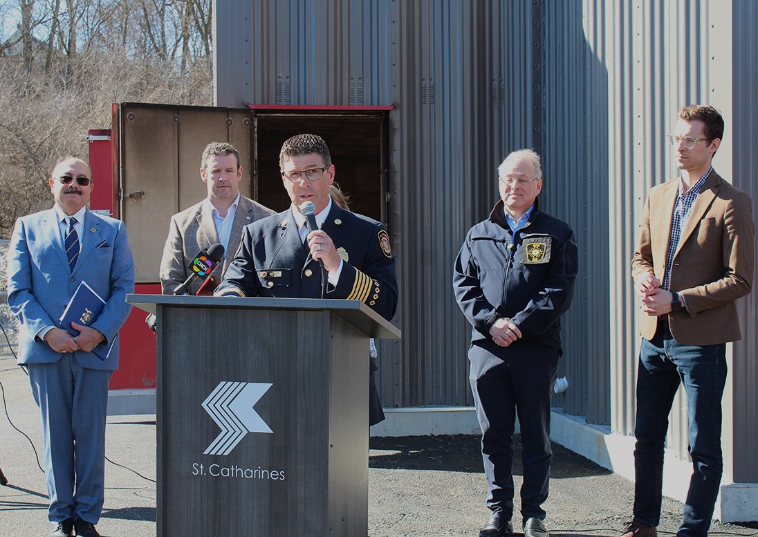 St. Catharines Fire Chief Dave Upper speaks at the March 9 commissioning of the St. Catharines Fire and Emergency Services' new training tower with Solicitor General Michael Kerzner, Parliamentary Assistant to the Minister of Labour, Immigration, Training and Skills Development of Ontario Sheref Sabawy, Mayor Mat Siscoe, St. Catharines MPP Jennie Stevens and Niagara West MPP Sam Oosterhoff.