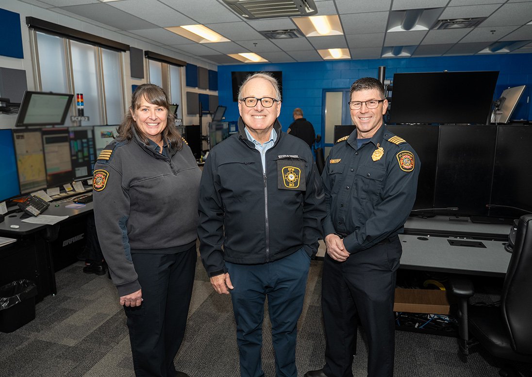 Hon. Michael Kerzner, Solicitor General of Ontario, centre, visits St. Catharines Fire Services’ Emergency Communications Centre in January, alongside Deputy Fire Chief Andrea DeJong, left, and Fire Chief Dave Upper, right. 
