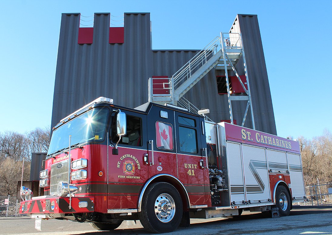 A St. Catharines Fire Truck in front of the St. Catharines Fire and Emergency Services' new training tower.