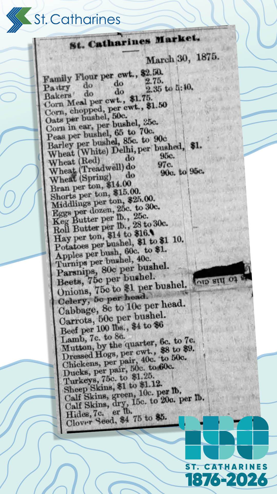 A list of goods shows shoppers in 1875 had many options at the St. Catharines Market.