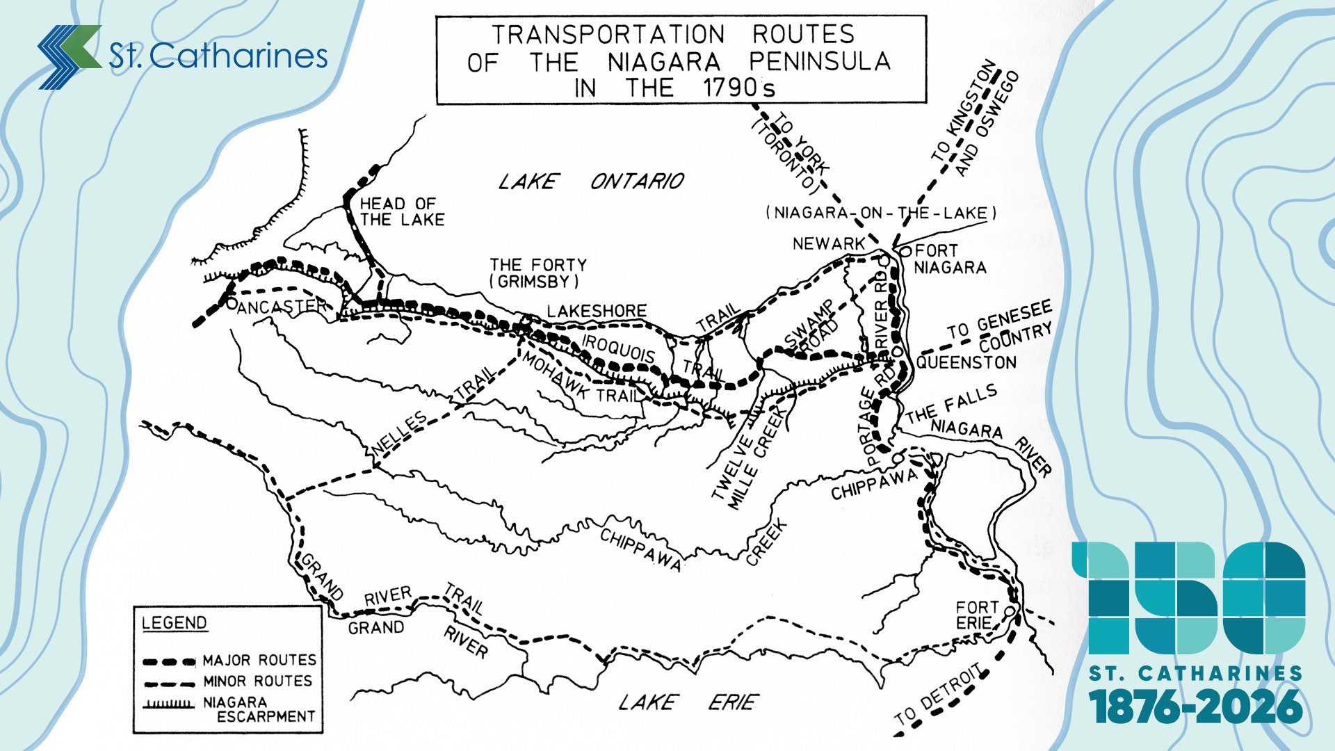 A map showing the routes of early trails in the area of St. Catharines around 1790.