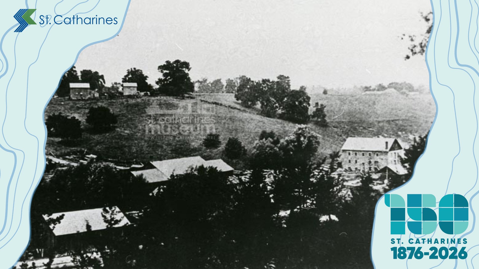 This image from 1875 shows the view of Crown Mills, one of the earliest mills built along Twelve Mile Creek. (1985.173.1)