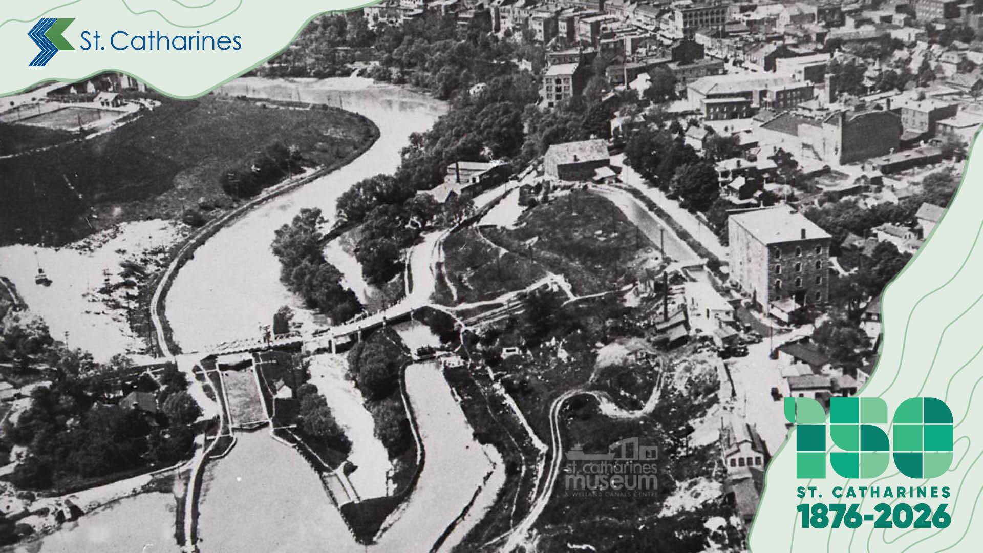 An aerial view of Lock 4 of the Second Welland Canal in Downtown St. Catharines in the 1920s.