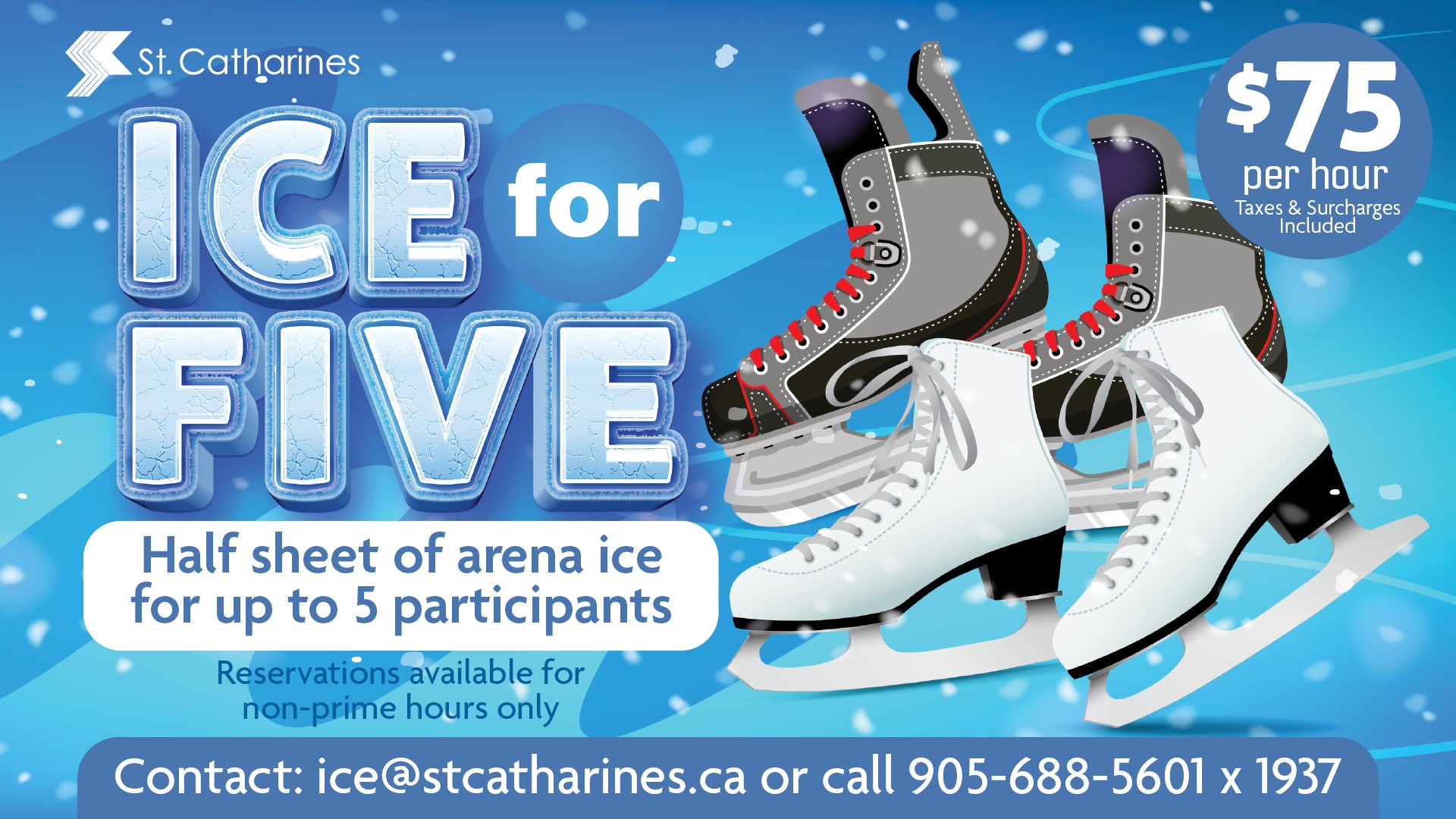 An Ice for Five program flyer indicating the cost of $75 for 5 people for a half sheet of ice.