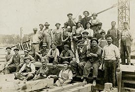 Construction workers building the Welland Ship Canal pose for a photo, circa 1919.
